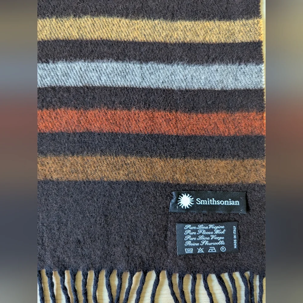 Smithsonian Brown Yellow Orange Striped Scarf Wool Made In‎ Italy
